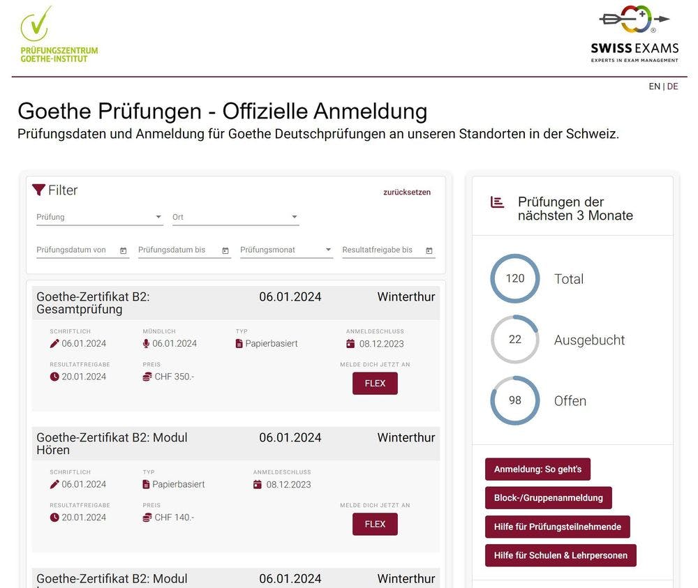 Many exam dates shown for Goethe exams in Switzerland.