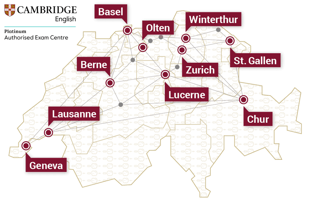 Map Cambridge English Exams, all exam locations in Switzerland - Zürich, Winterthur, Chur, St. Gallen, Luzern, Aargau, Bern, Basel, Lausanne, Geneva, Olten